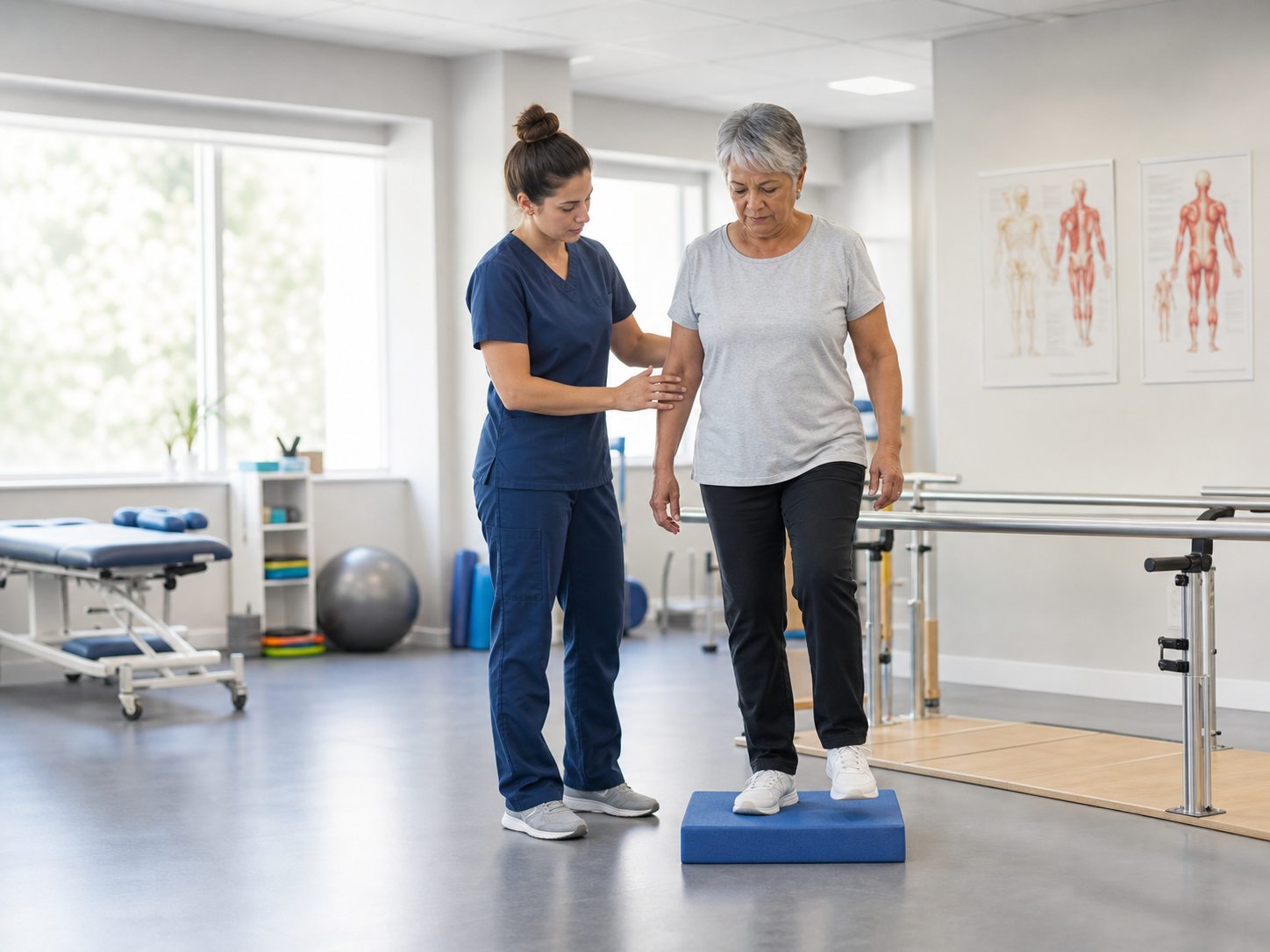 Physical therapist guarding a patient during balance training in a rehabilitation clinic