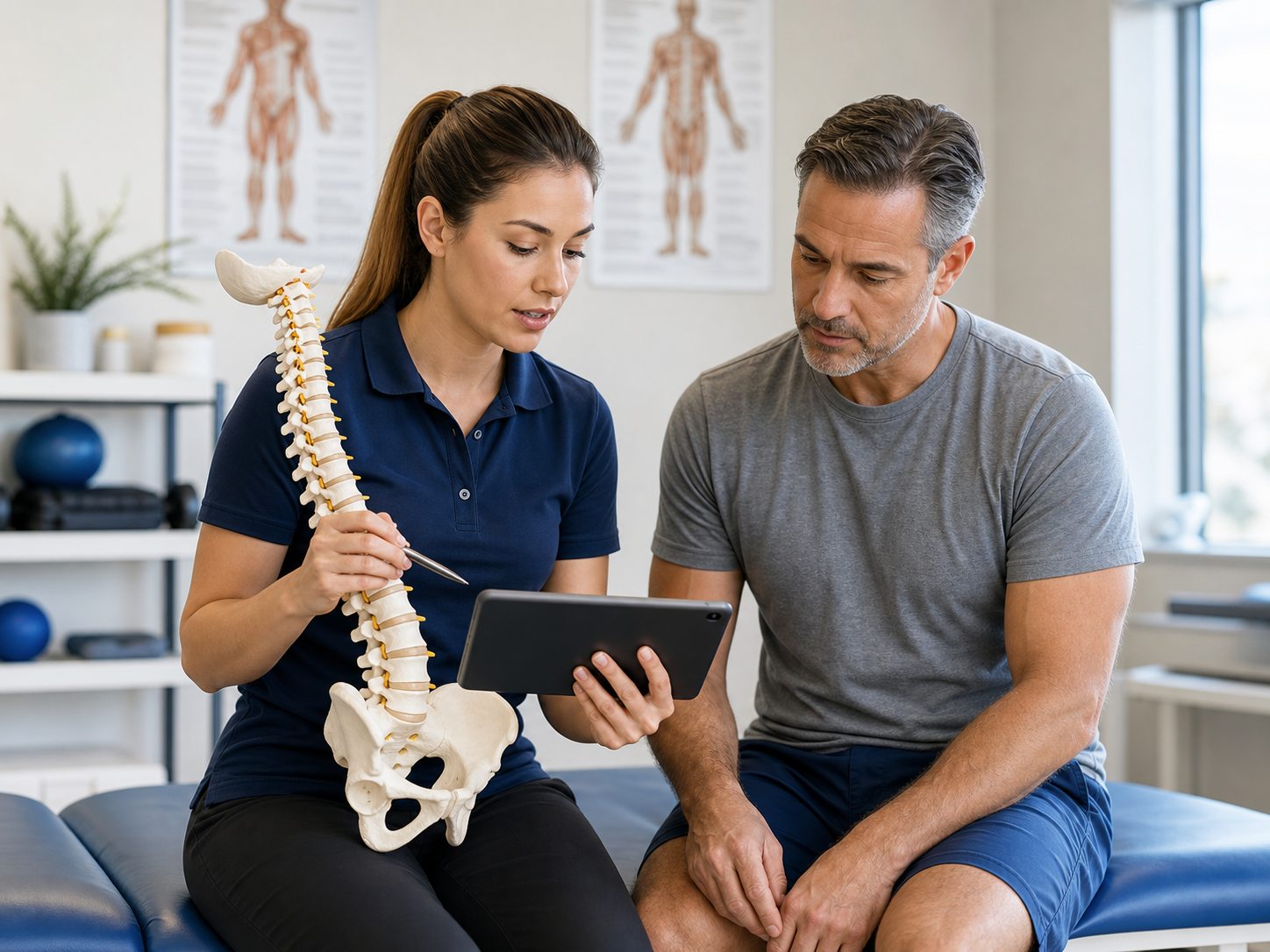 Physical therapist explaining rehabilitation findings with an anatomical model