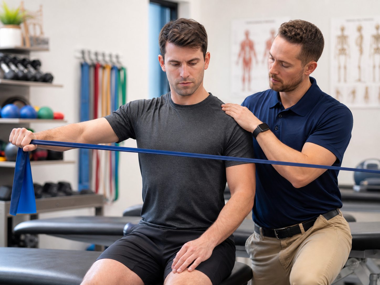 Physical therapist cueing shoulder strengthening with a resistance band